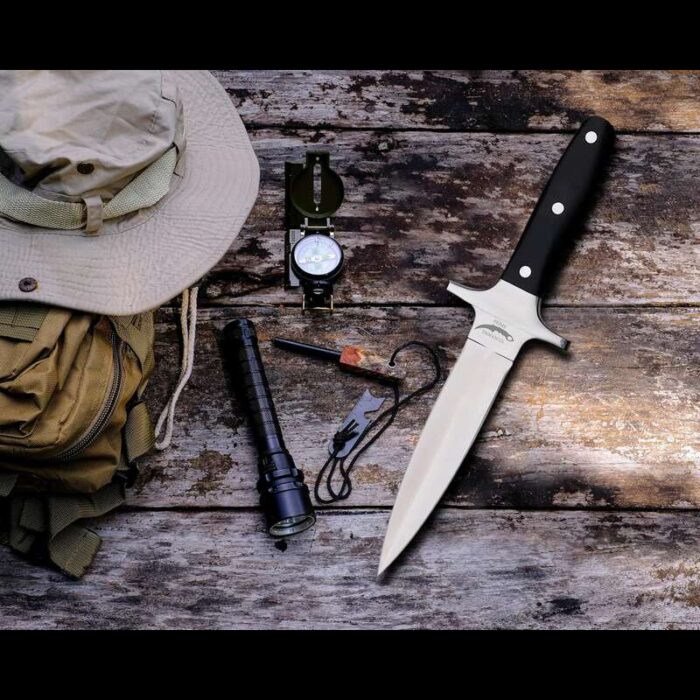 7-inch Double-Edge Dagger Knife with 5-inch ergonomic handle and leather sheath, ideal for outdoor, tactical, and survival use