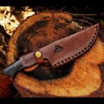 Knife and sheath set laid out for display with natural background