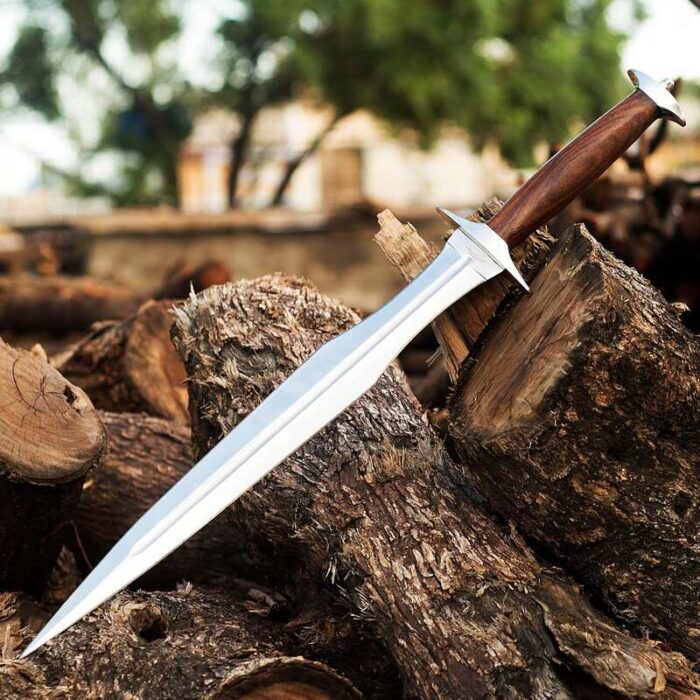 Close-up of 12C27 stainless steel Gladius blade showing sharp edge and fine polish