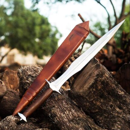 Full view of handmade Roman Gladius sword with rosewood handle and leather scabbard