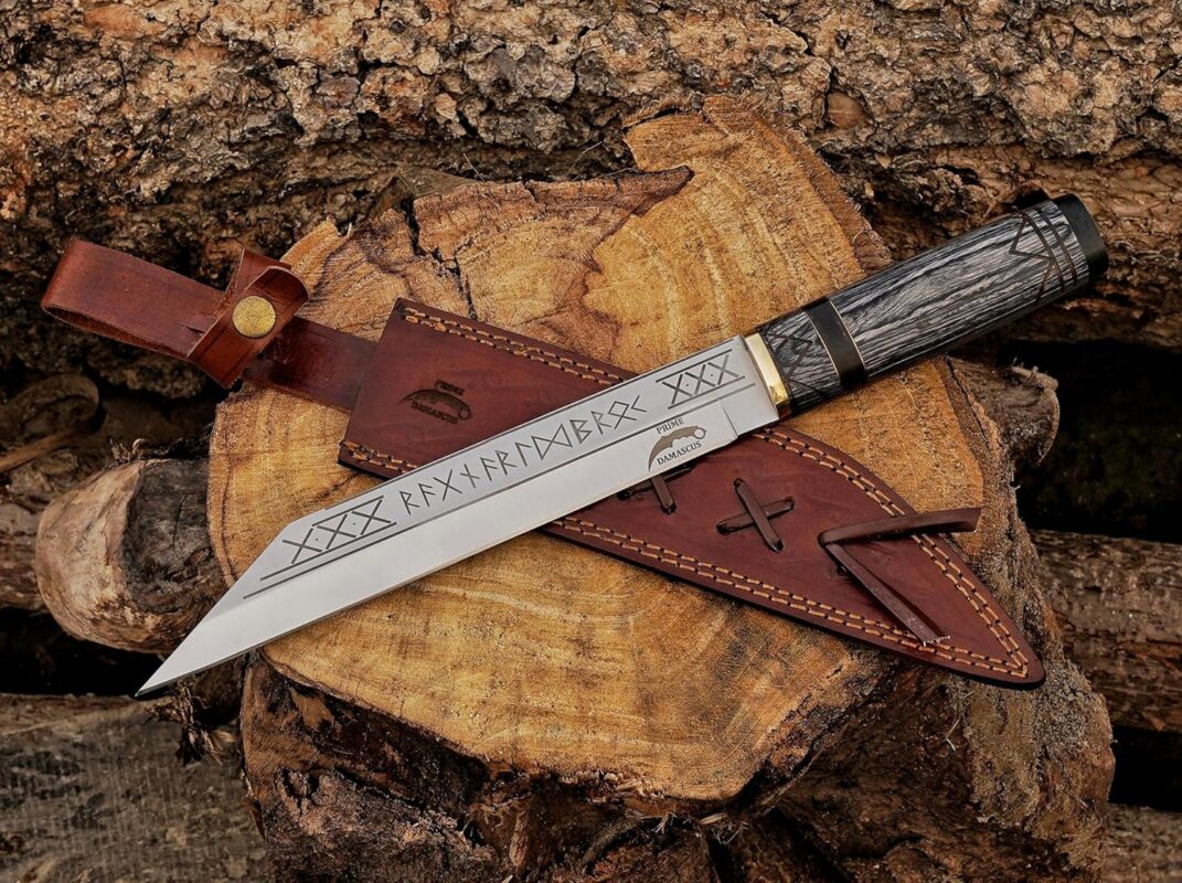 Custom handmade Viking Seax Knife with stainless steel blade, engraved wooden handle, and leather sheath – ideal for hunting and outdoor use.