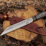 Custom handmade Viking Seax Knife with stainless steel blade, engraved wooden handle, and leather sheath – ideal for hunting and outdoor use.